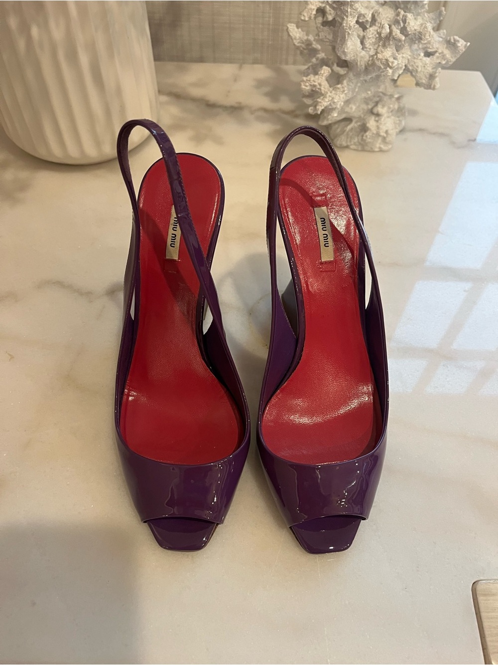 Miu Miu Purple Patent Slingback Peep Toe Pumps with Red Insole